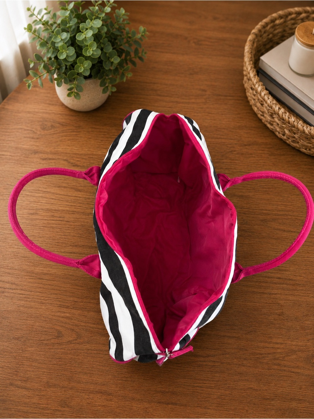 Victoria's Secret Black and White Striped Travel Bag with Pink Trim - Picture 5 of 5